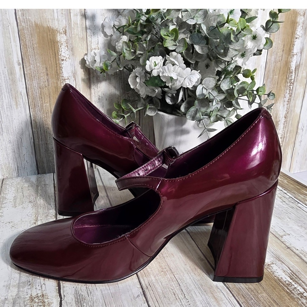 Marc Fisher Burgundy Patent Mary Jane Block Heel Pumps Square Toe Womens 6.5M